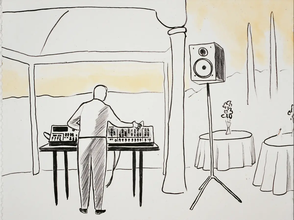 Disegno a mano: un tecnico di spalle al mixer sotto un gazebo in giardino, accanto una cassa su stativo e i tavoli apparecchiati.