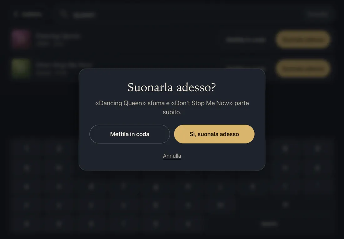 Finestra di conferma: «Suonarla adesso?», con la spiegazione che il brano in corso sfuma e il nuovo parte subito.